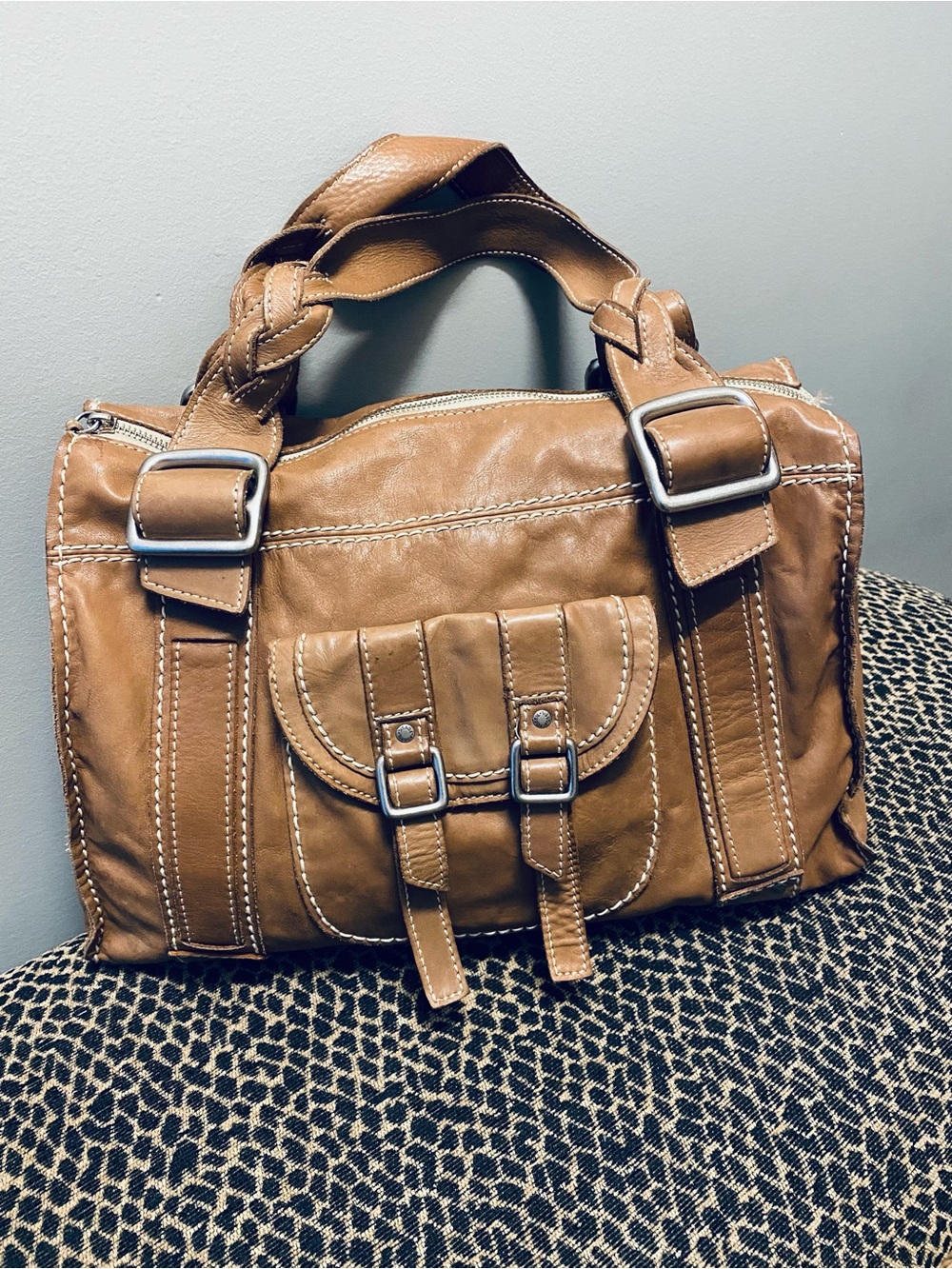 Fossil Tan White Stitching Softest Leather Shoulder Bag Large Satchel